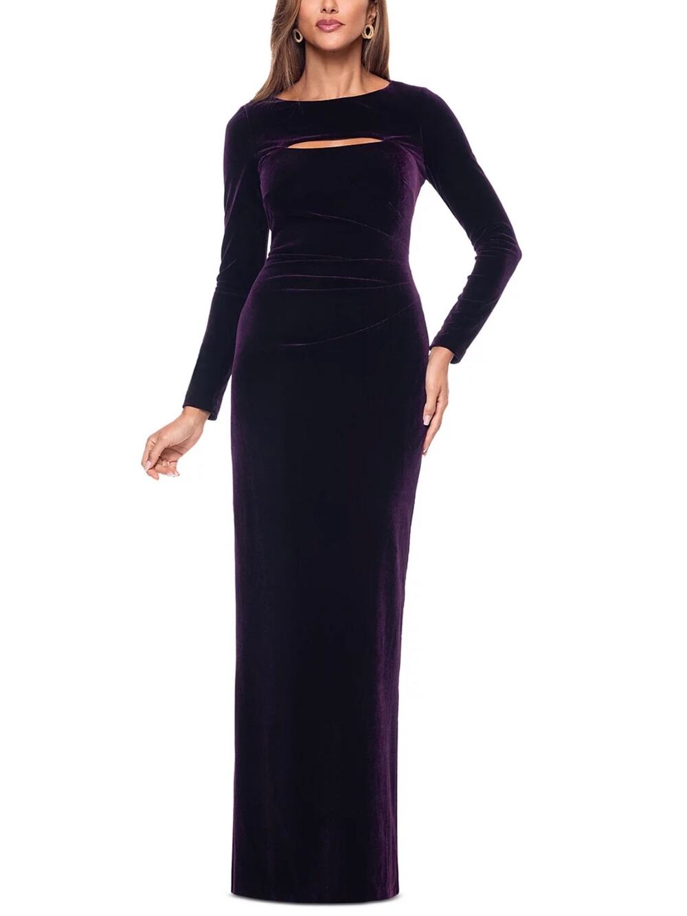 XSCAPE Purple Evening Gown Velvet Long Sleeve Cut Out Column Dress Size 18